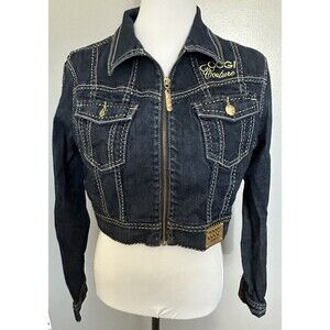 Coogi Embellished Blue Jean Jacket Womens Large Stretch Cropped Denim Coat